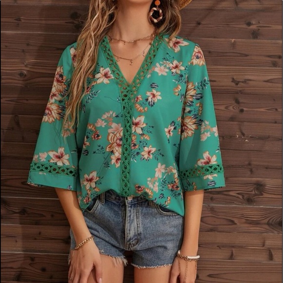 Boho Floral Sheer Mesh Lace Insert Top Blouse Green - Picture 6 of 10